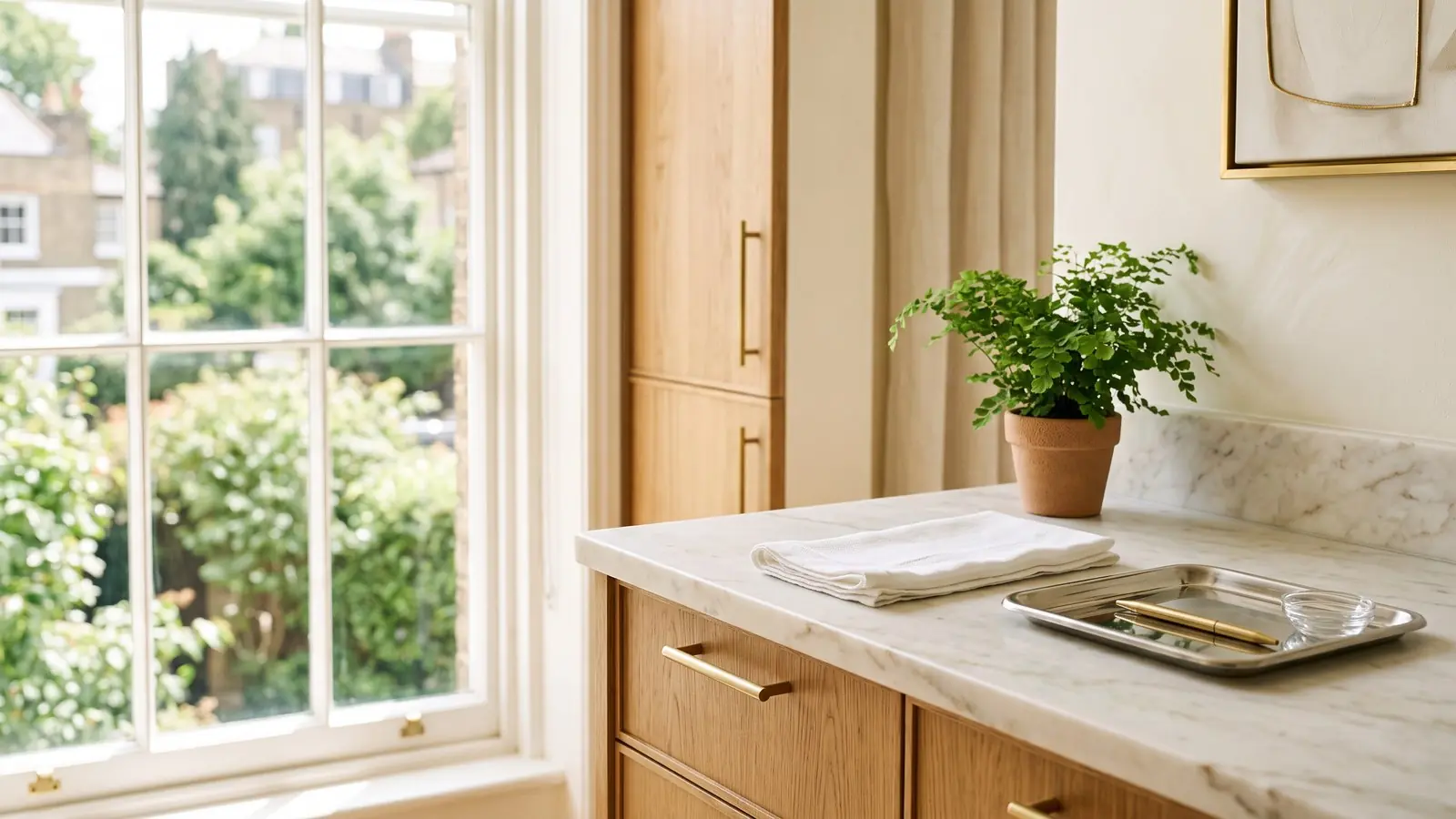 Mesa de consultório vista de cima, com uma pasta de papel fechada, um estetoscópio, uma caneta e uma planta pequena